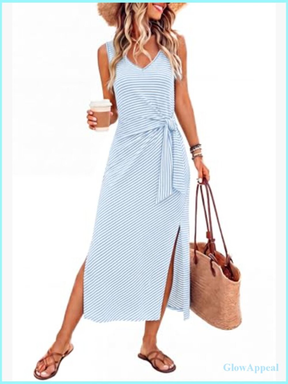 Women's Sleeveless V-Neck Midi Dress with Tie Waist Side Slit - Picture 2 of 7